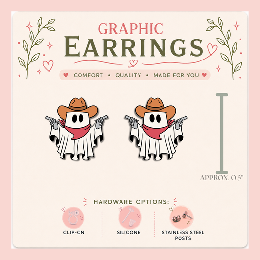 Cowboy Ghost Graphic Stud Earrings | Spooky Western Ghost Earrings | Halloween Cowgirl Jewelry | Cute Ghost Studs | Handmade Earrings