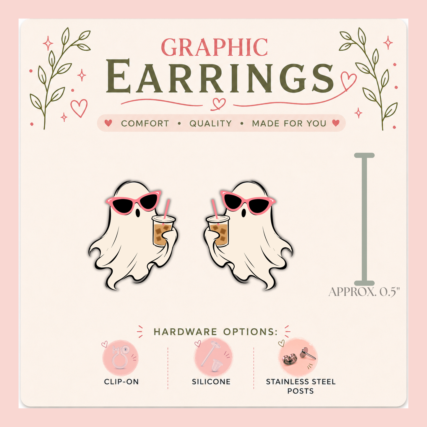 Ghost Iced Coffee Stud Earrings, Spooky Cute Halloween Earrings, Pink Sunglasses Ghost Jewelry, Resin Sealed Studs