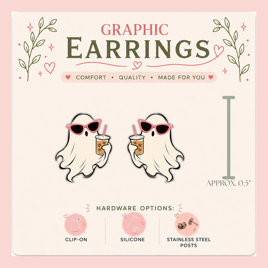 Ghost Iced Coffee Stud Earrings, Spooky Cute Halloween Earrings, Pink Sunglasses Ghost Jewelry, Resin Sealed Studs