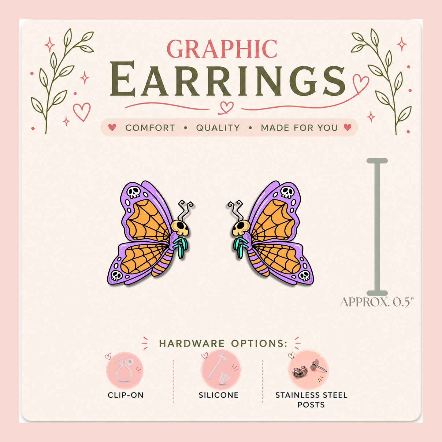 Gothic Butterfly Graphic Stud Earrings | Halloween Butterfly Earrings | Spooky Cute Jewelry | Skull Butterfly Studs | Handmade Earrings