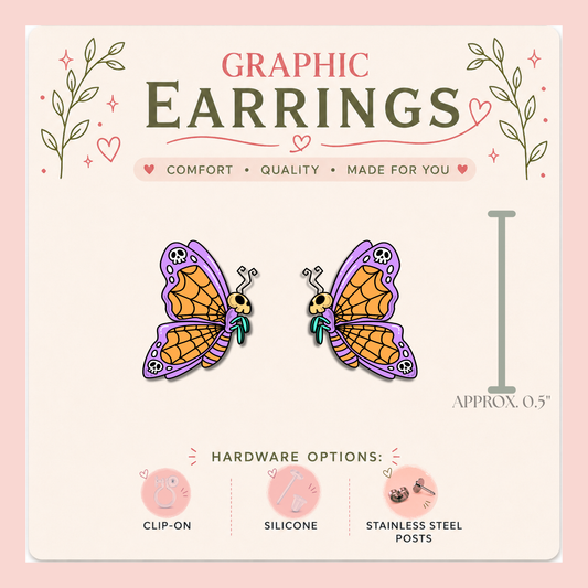 Gothic Butterfly Graphic Stud Earrings | Halloween Butterfly Earrings | Spooky Cute Jewelry | Skull Butterfly Studs | Handmade Earrings