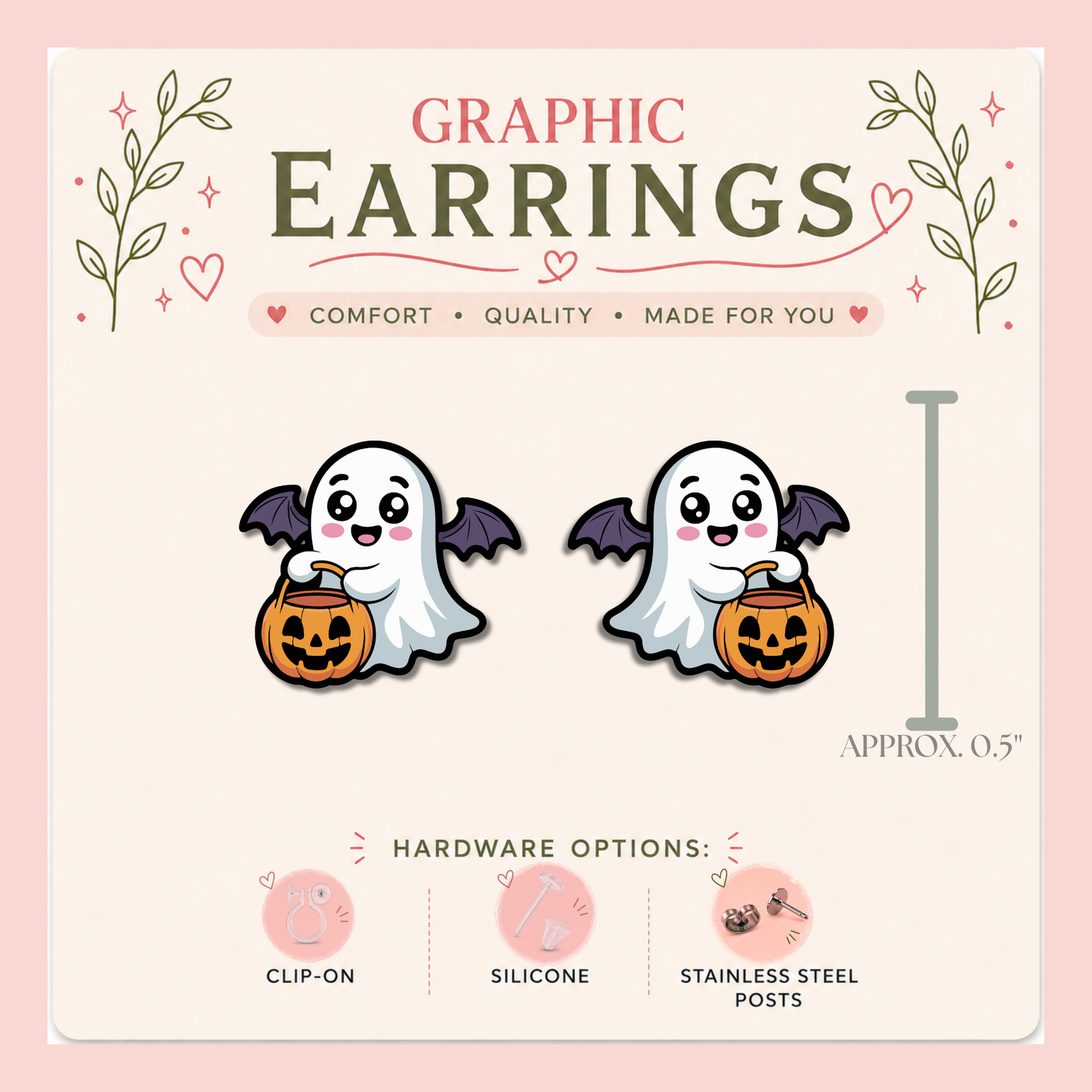 Cute Ghost Bat Stud Earrings, Halloween Pumpkin Ghost Earrings, Kawaii Spooky Jewelry, Resin Sealed Lightweight Studs