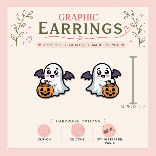 Cute Ghost Bat Stud Earrings, Halloween Pumpkin Ghost Earrings, Kawaii Spooky Jewelry, Resin Sealed Lightweight Studs