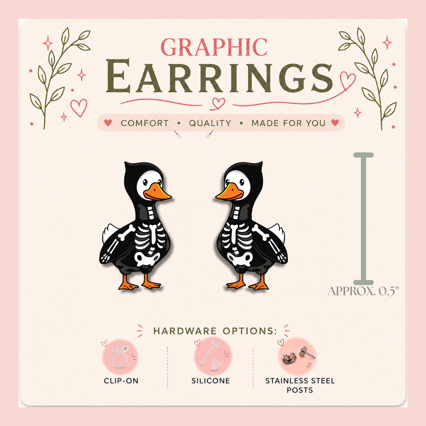 Skeleton Goose Stud Earrings, Halloween Goose Earrings, Spooky Cute Duck Jewelry, Resin Sealed Lightweight Studs