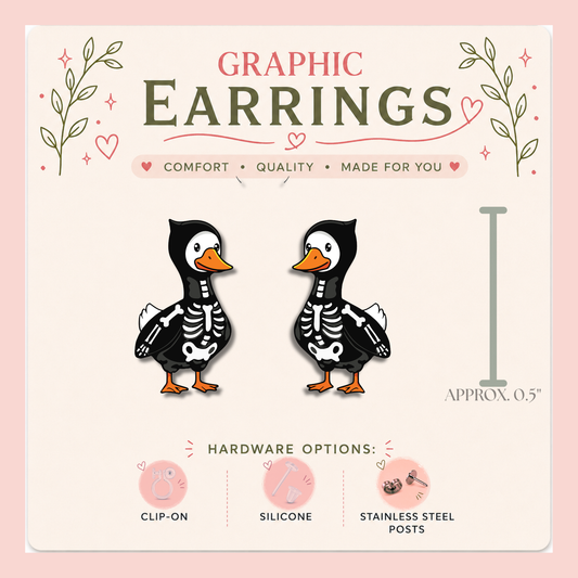 Skeleton Goose Stud Earrings, Halloween Goose Earrings, Spooky Cute Duck Jewelry, Resin Sealed Lightweight Studs