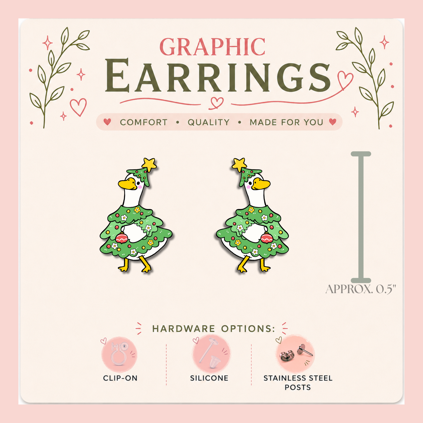 Christmas Goose Earrings, Tree Graphic Studs, Holiday Jewelry, Resin Sealed, 0.5"