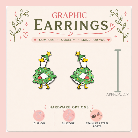Christmas Goose Earrings, Tree Graphic Studs, Holiday Jewelry, Resin Sealed, 0.5"