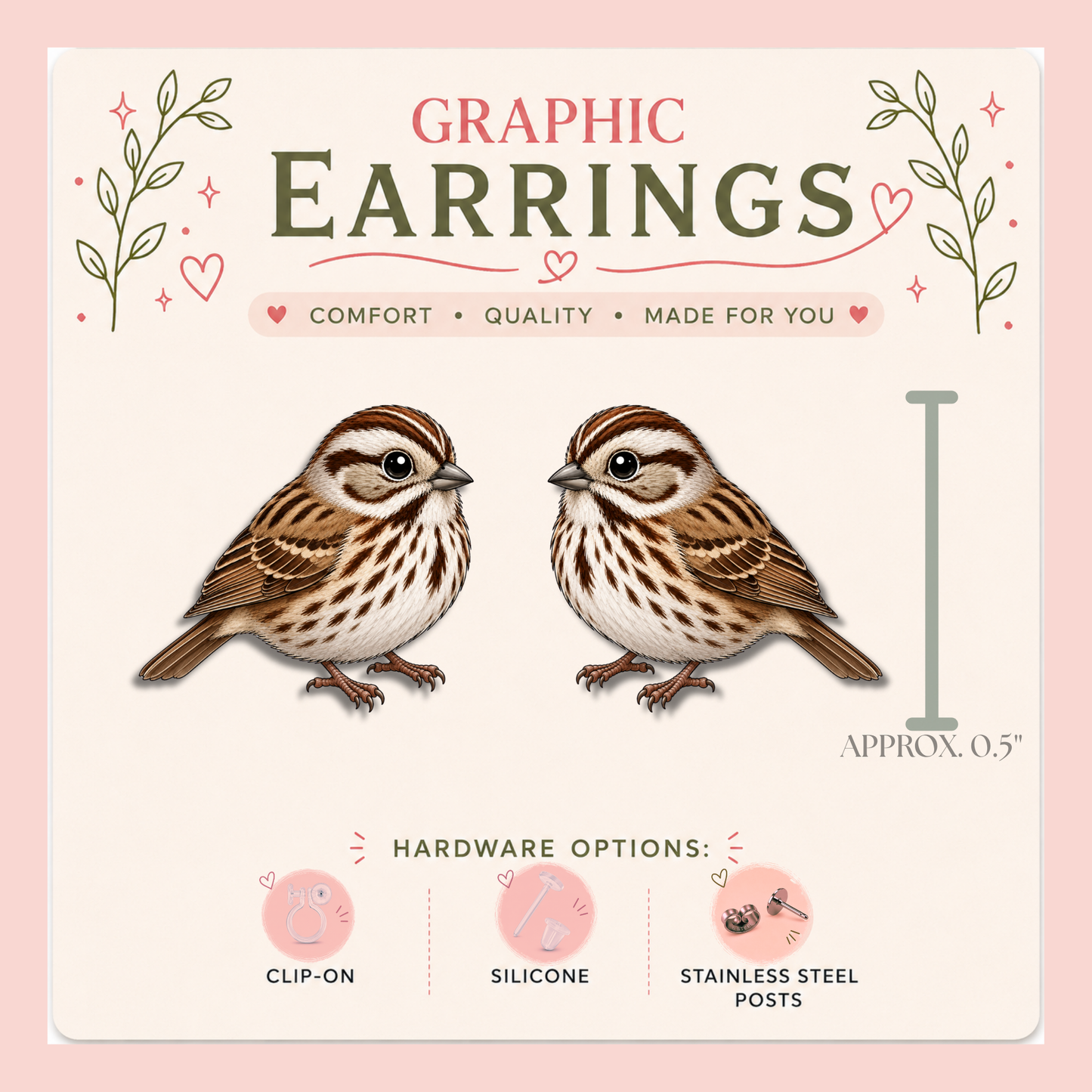 Song Sparrow Stud Earrings, Song Sparrow Earrings, Bird Stud Earrings, Backyard Bird Gift, Bird Lover Jewelry, Nature Earrings