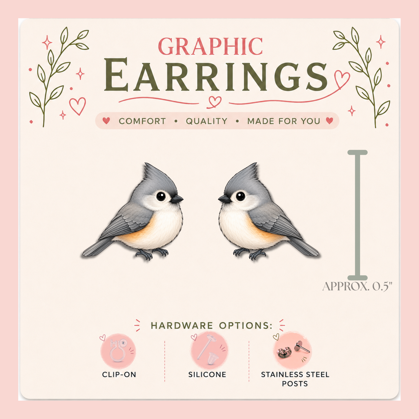 Tufted Titmouse Graphic Stud Earrings, Backyard Bird Lover Jewelry, Nature Inspired Studs