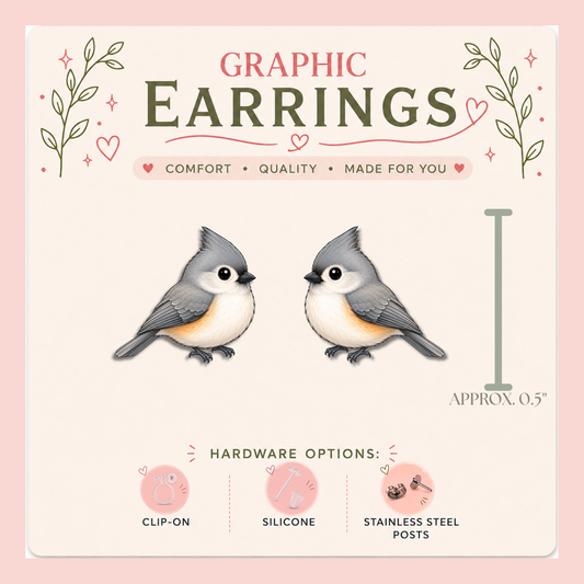 Tufted Titmouse Graphic Stud Earrings, Backyard Bird Lover Jewelry, Nature Inspired Studs