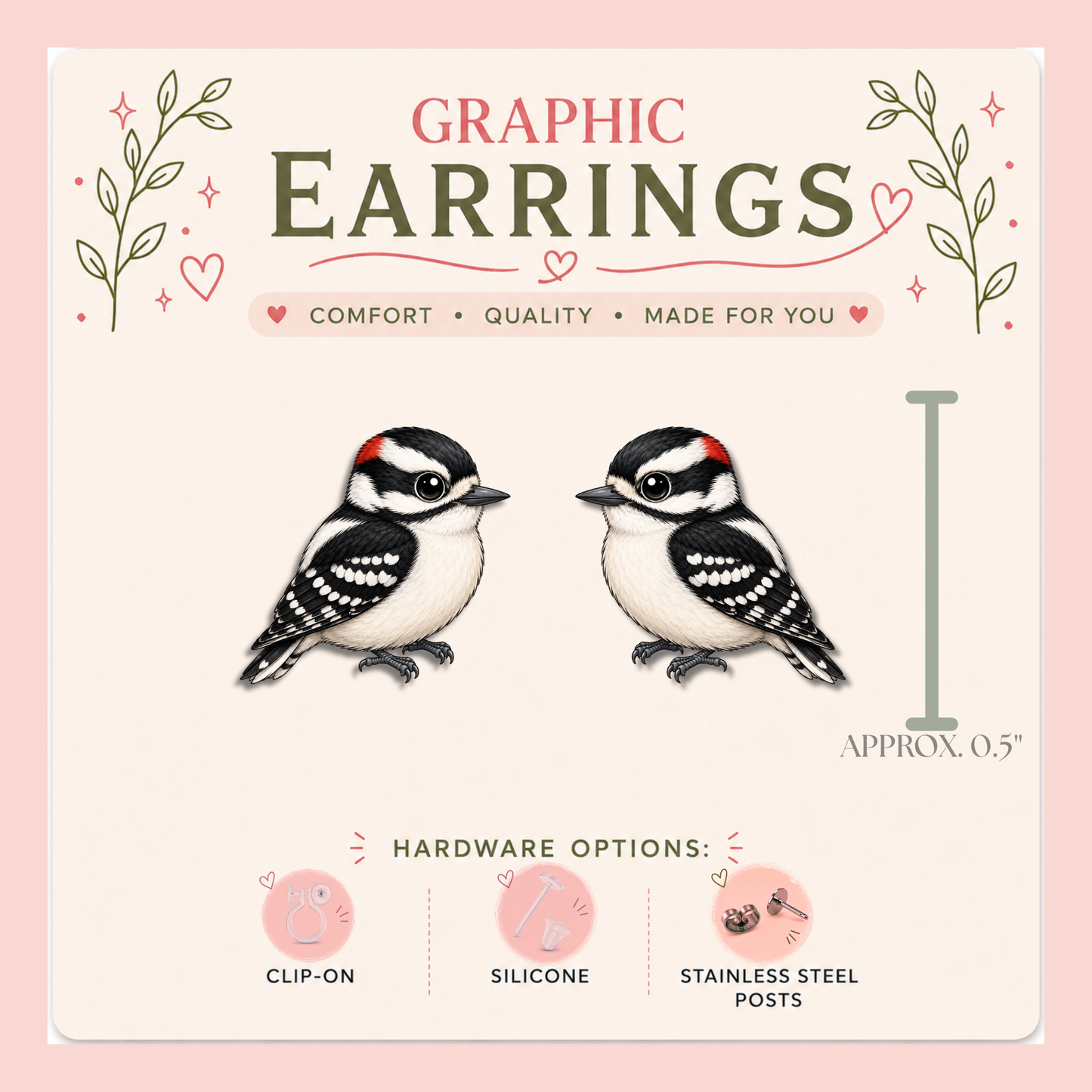 Downy Woodpecker Stud Earrings, Woodpecker Earrings, Bird Stud Earrings, Bird Lover Gift, Woodland Bird Jewelry, Nature Earrings
