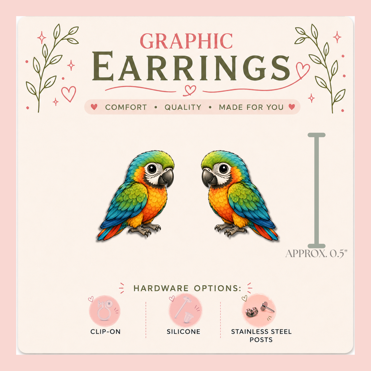 Vibrant Parrot Stud Earrings, Tropical Macaw Bird Jewelry, Colorful Exotic Animal Accessory
