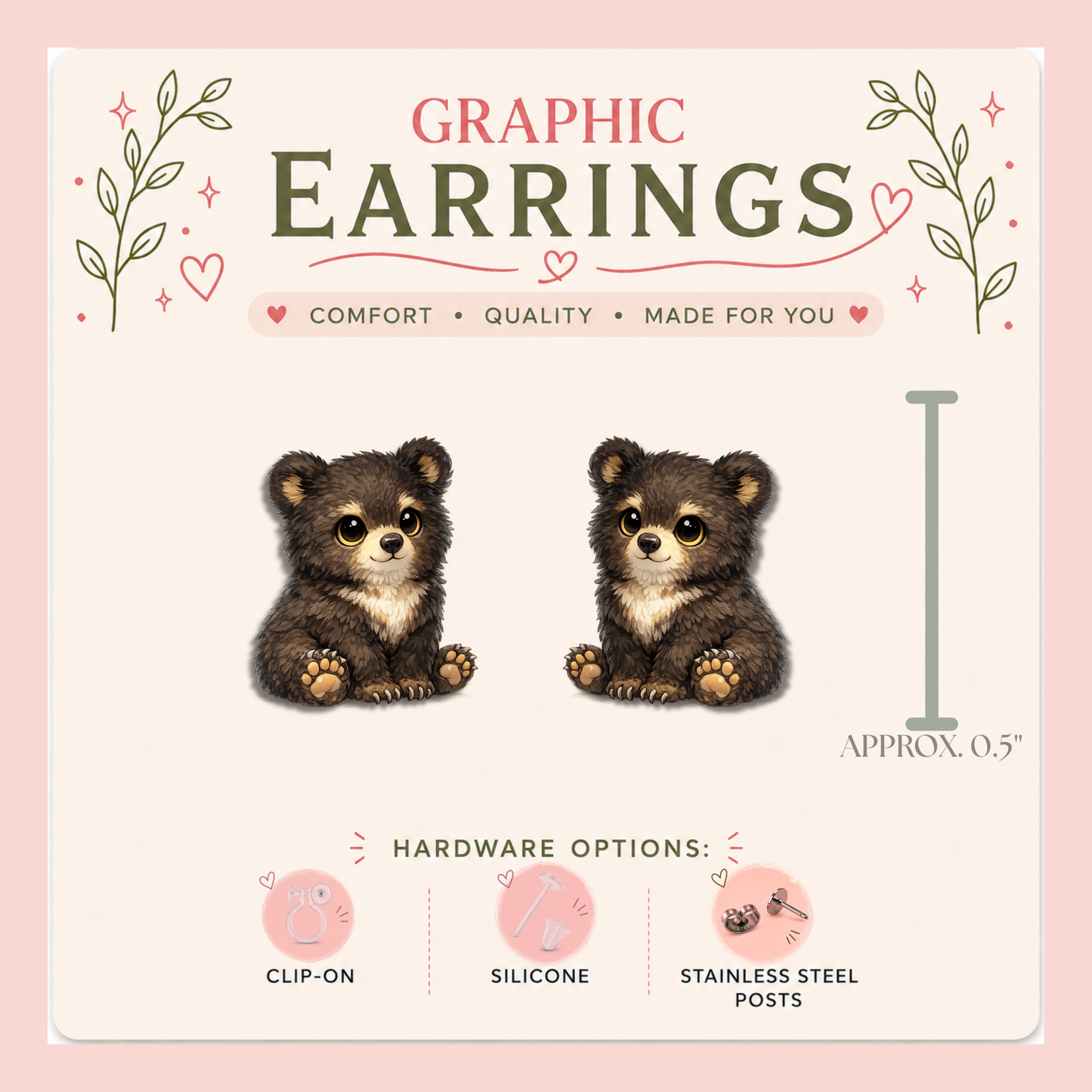 Baby Bear Stud Earrings, Woodland Animal Graphic Jewelry, Forest Bear Lover Gift