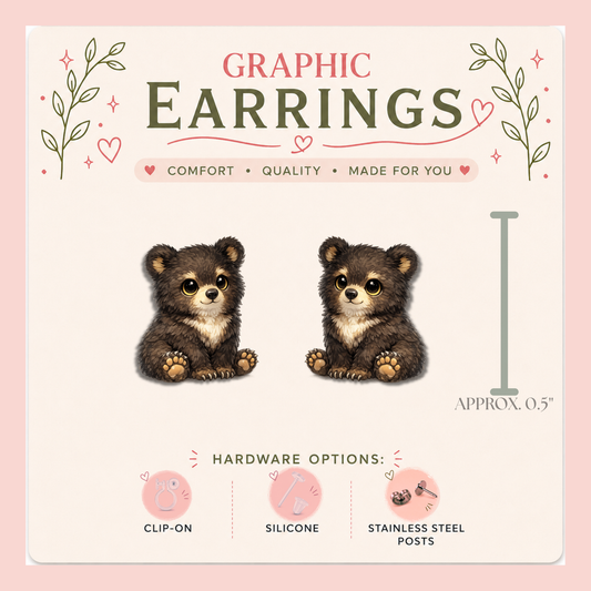 Baby Bear Stud Earrings, Woodland Animal Graphic Jewelry, Forest Bear Lover Gift