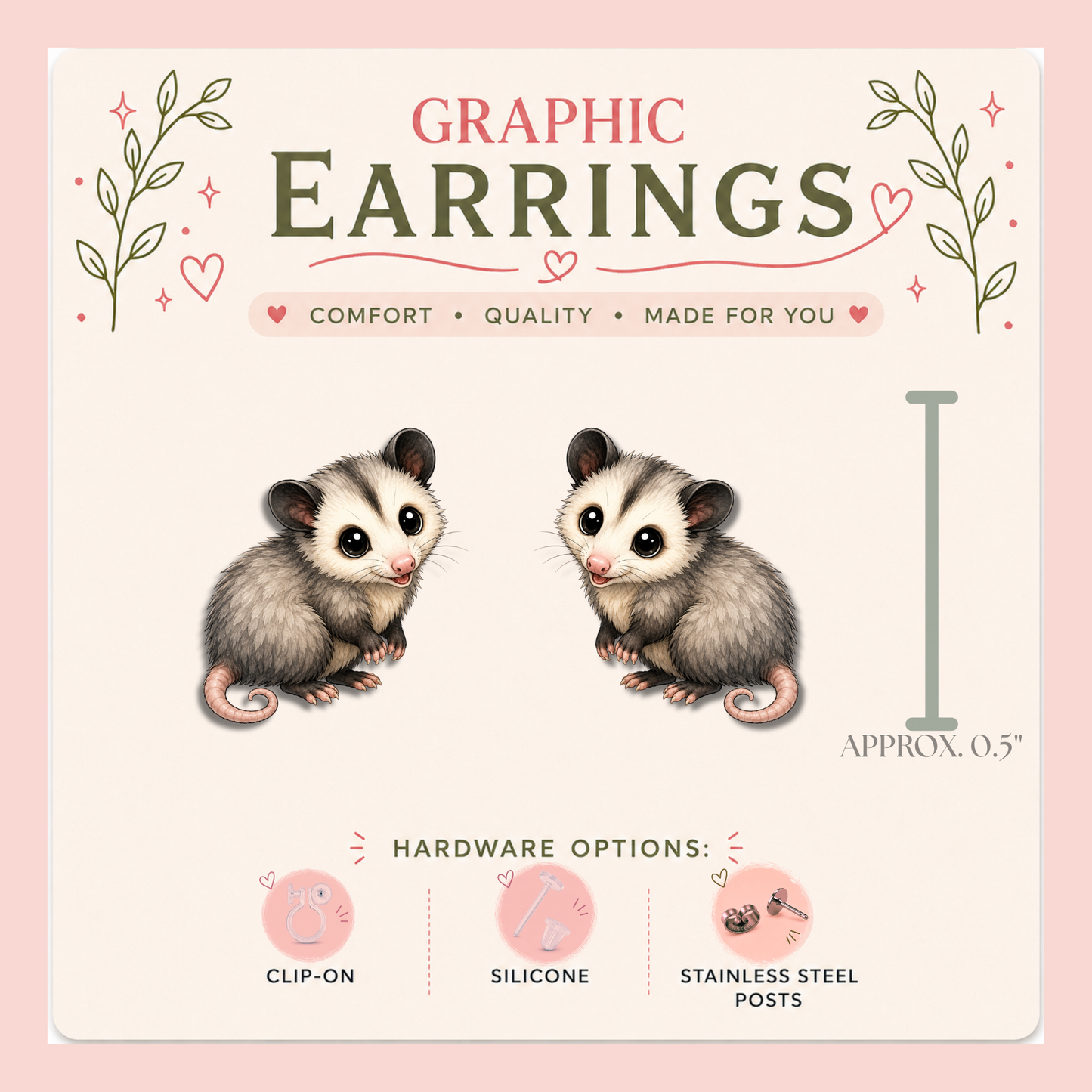 Opossum Stud Earrings, Cute Possum Earrings, Baby Opossum Studs, Woodland Animal Earrings, Funny Possum Gift, Nature Jewelry