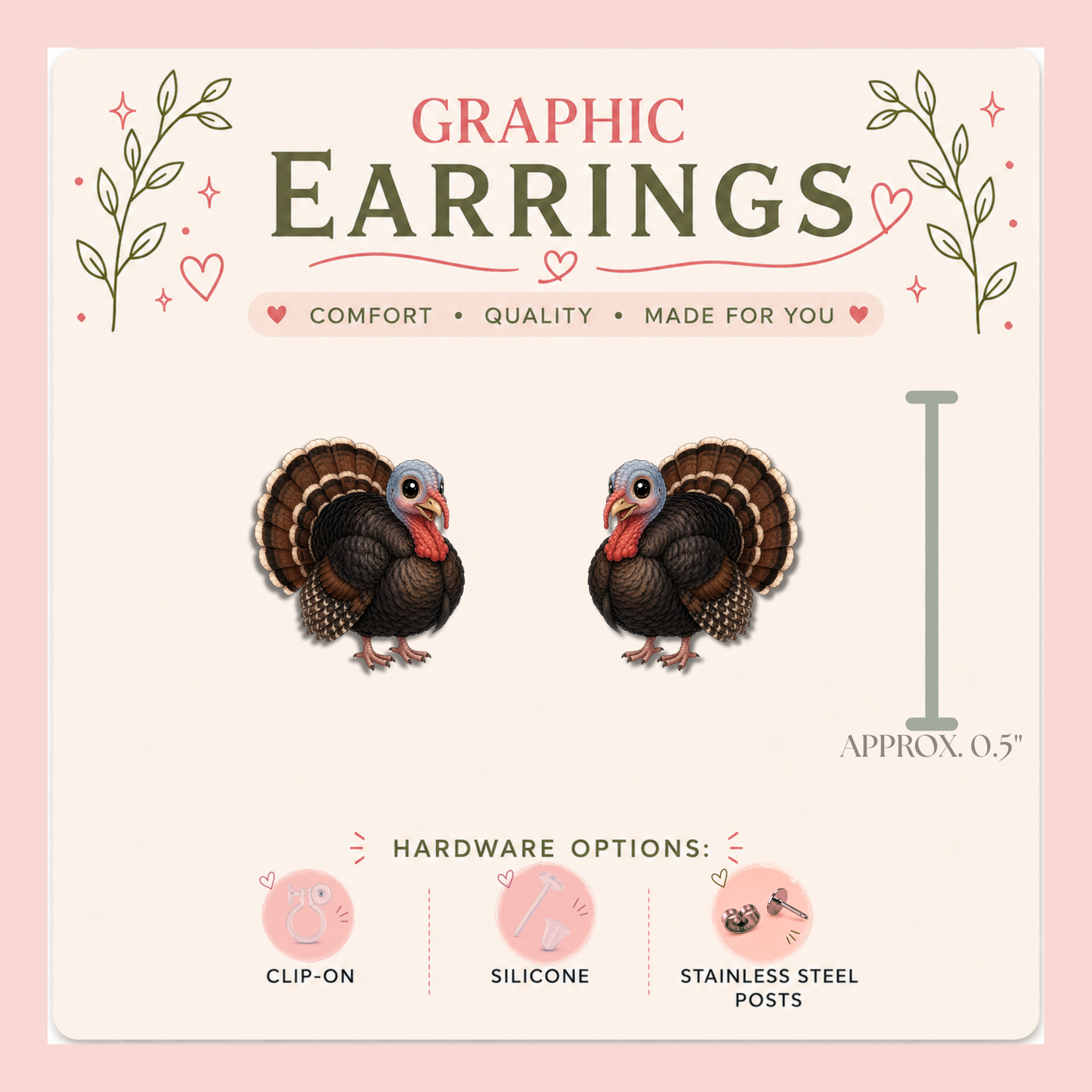 Graphic Turkey Stud Earrings, Woodland Bird Nature Lover Gift