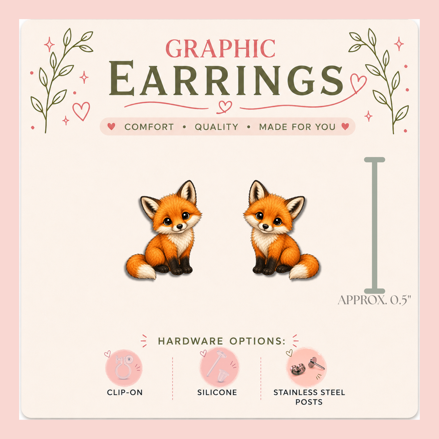 Baby Fox Stud Earrings, Woodland Animal Graphic Jewelry, Resin Sealed, Approx. 0.5"