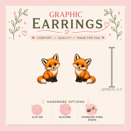 Baby Fox Stud Earrings, Woodland Animal Graphic Jewelry, Resin Sealed, Approx. 0.5"