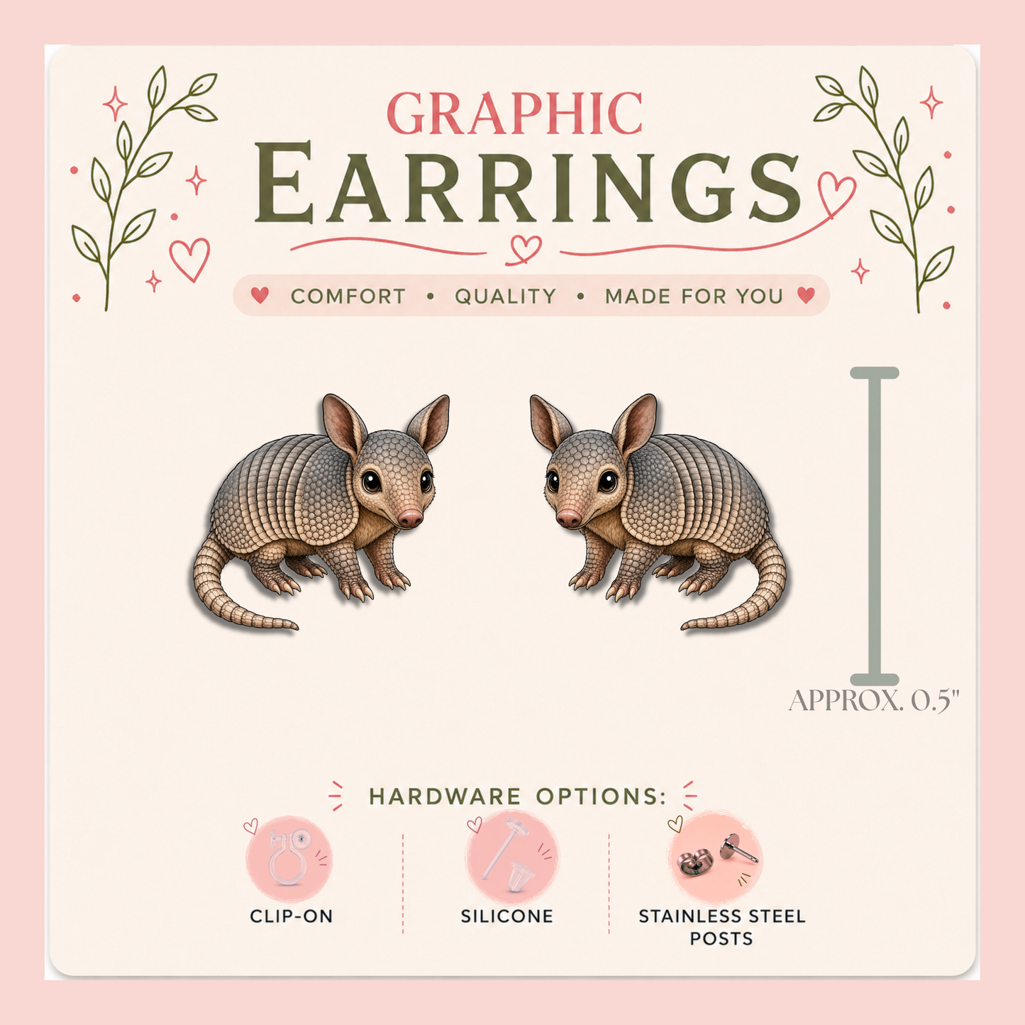 Armadillo Stud Earrings, Cute Armadillo Earrings, Wildlife Animal Studs, Funny Southern Earrings, Gift for Animal Lover