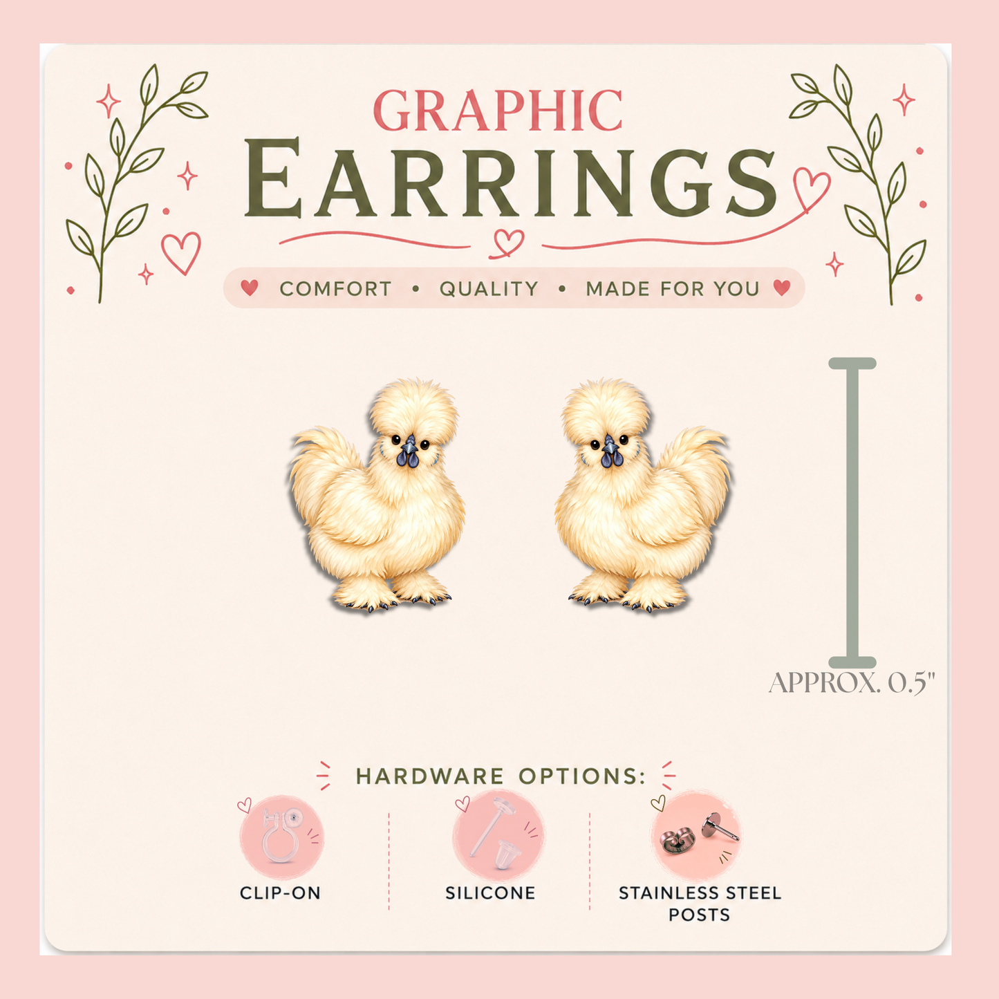 Silkie Chicken Graphic Earrings | Cute Fluffy Hen Stud Earrings | Farm Animal Earrings | Backyard Chicken Jewelry | Chicken Lover Gift