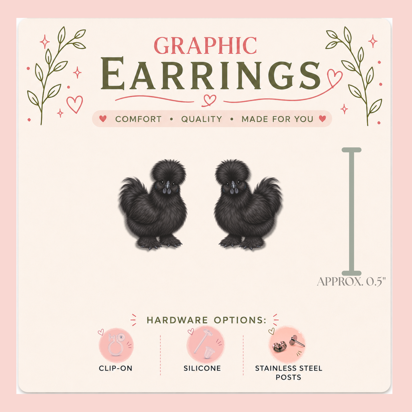 Silkie Chicken Graphic Earrings | Cute Fluffy Hen Stud Earrings | Farm Animal Earrings | Backyard Chicken Jewelry | Chicken Lover Gift