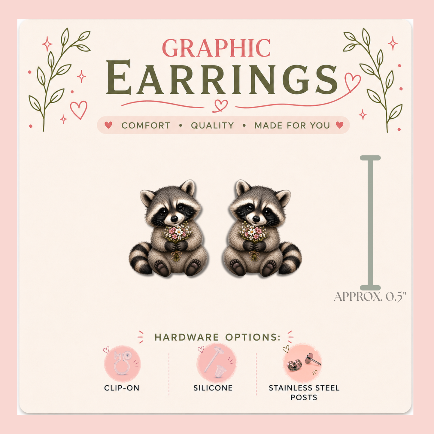 Cute Raccoon Stud Earrings, Woodland Animal Earrings, Raccoon Lover Gift, Graphic Stud Earrings, Nature Lover Jewelry