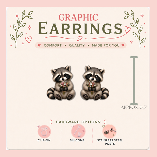 Cute Raccoon Stud Earrings, Woodland Animal Earrings, Raccoon Lover Gift, Graphic Stud Earrings, Nature Lover Jewelry