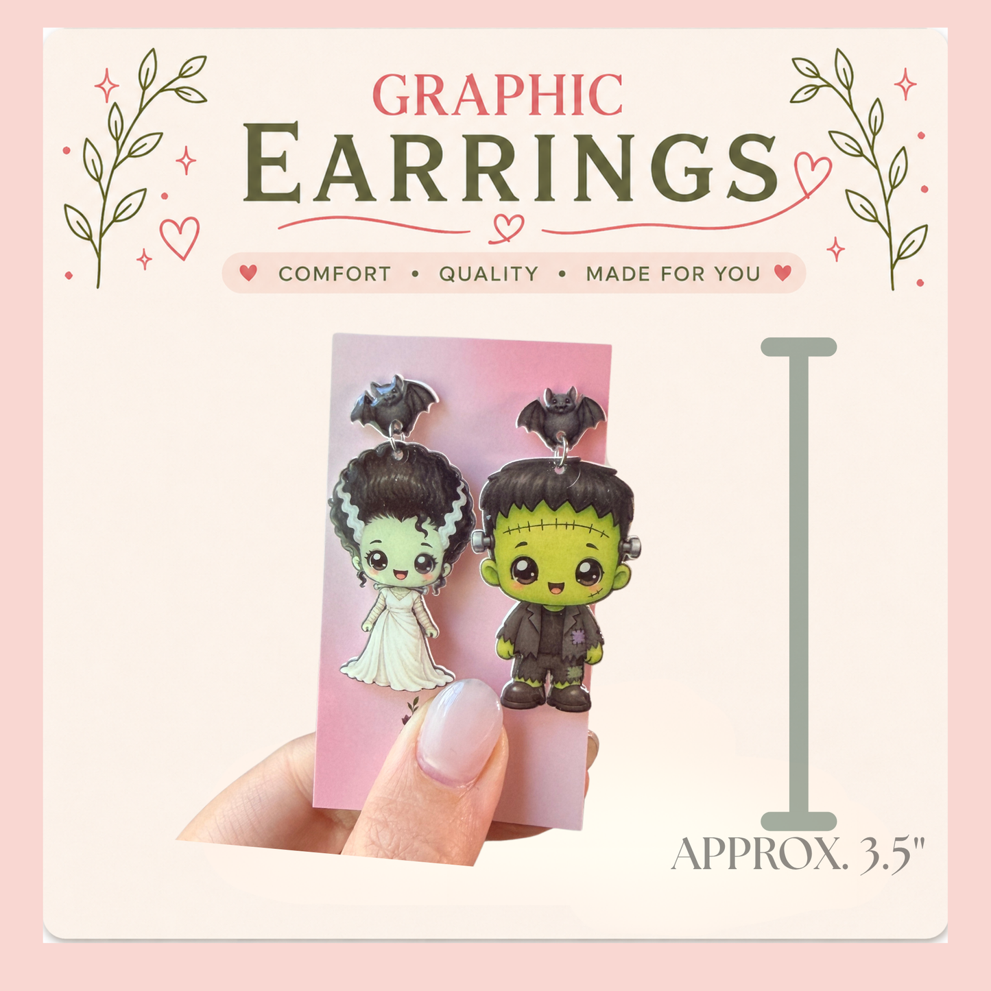 Cute Frankenstein & Bride Halloween Earrings, Kawaii Monster Dangle Earrings, Spooky Bat Jewelry, Lightweight Handmade Gift