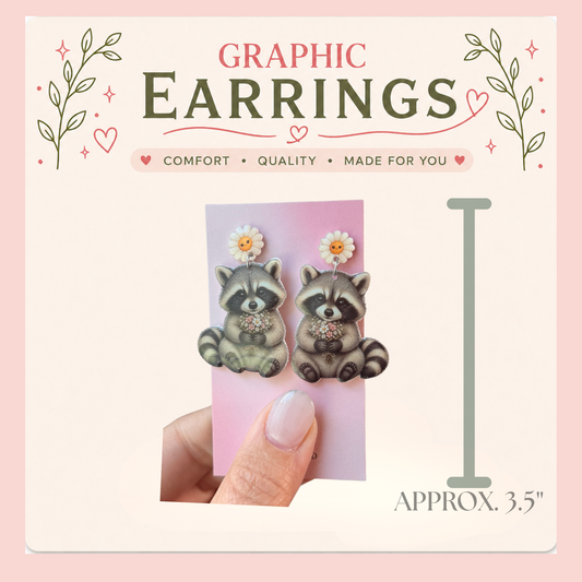 Cute Raccoon Dangle Earrings, Woodland Animal Earrings, Cottagecore Jewelry, Daisy Raccoon Earrings, Lightweight Handmade Gift (2.5" Inches)