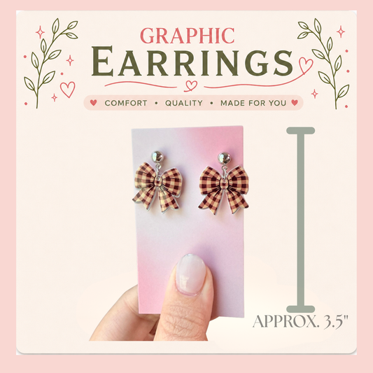 Brown Gingham Bow Earrings, Coquette Cottagecore Plaid Dangles, Handmade Resin Jewelry (1.5" Long)
