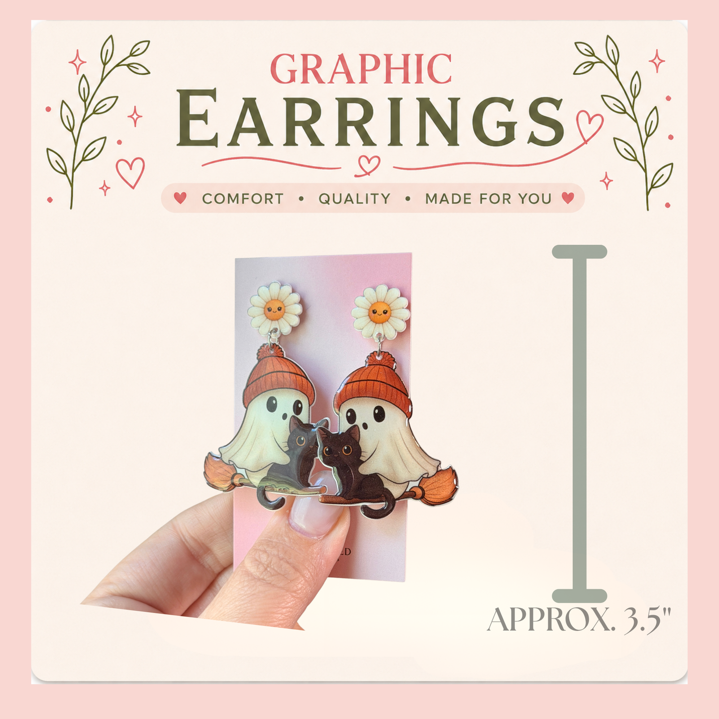 Ghost Cat Halloween Dangle Earrings, Witchy Black Cat Jewelry, Resin Sealed Lightweight (Approx. 2.5")