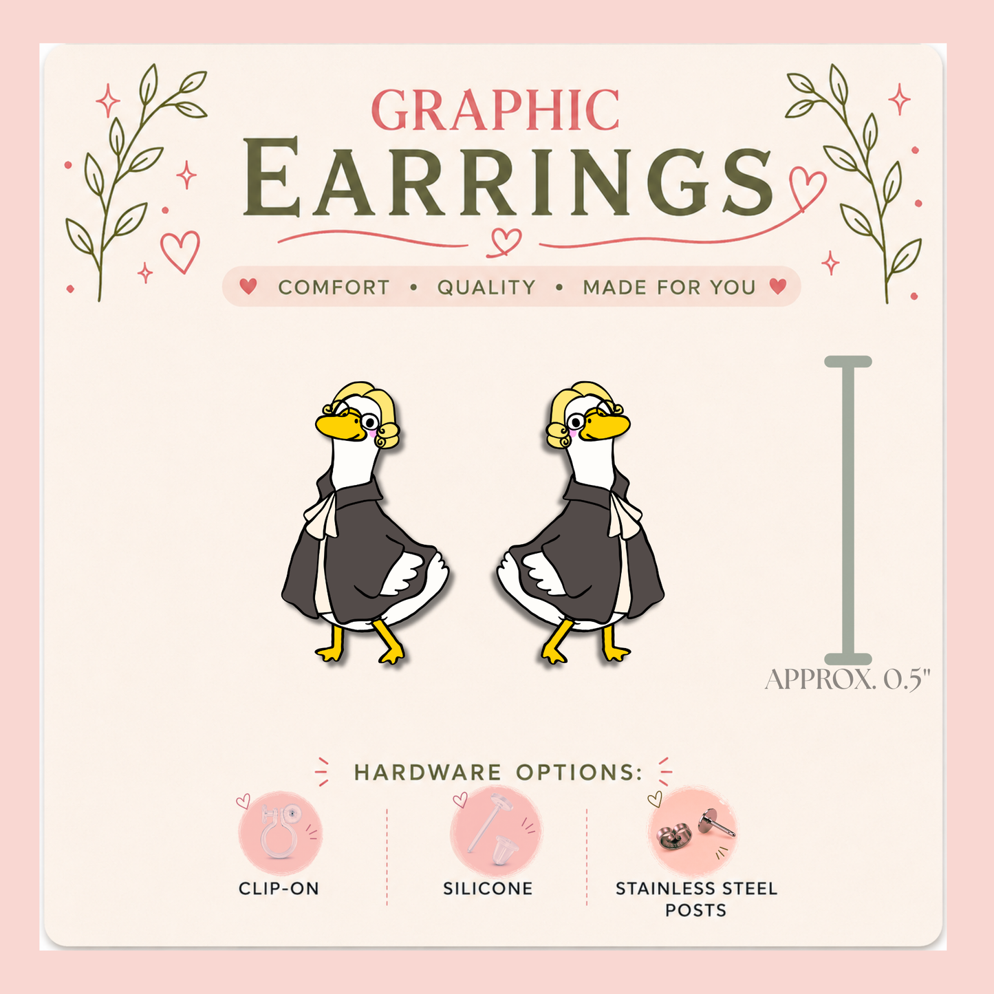 Colonial Goose Stud Earrings, Historical Goose Earrings, Regency Goose Bird Studs, Resin Sealed Lightweight Jewelry