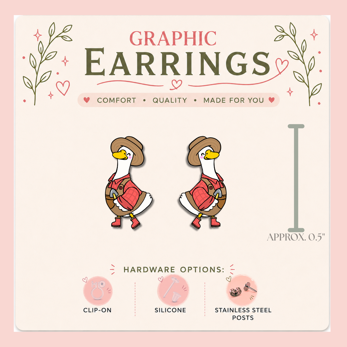 Garden Goose Stud Earrings, Gardening Goose Earrings, Cute Goose Bird Studs, Resin Sealed Lightweight Spring Jewelry