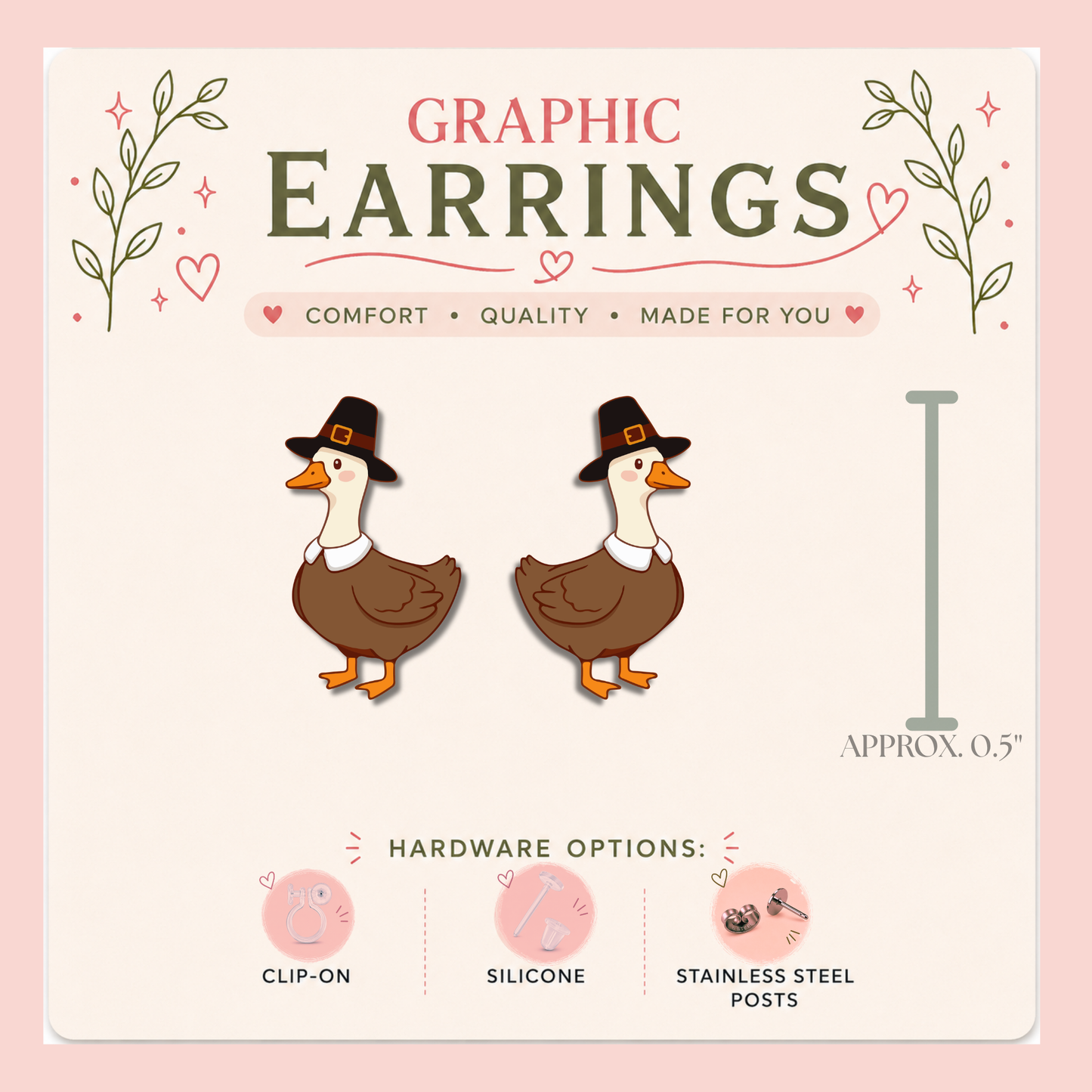 Pilgrim Goose Stud Earrings, Thanksgiving Goose Earrings, Cute Fall Bird Studs, Resin Sealed Lightweight Holiday Jewelry