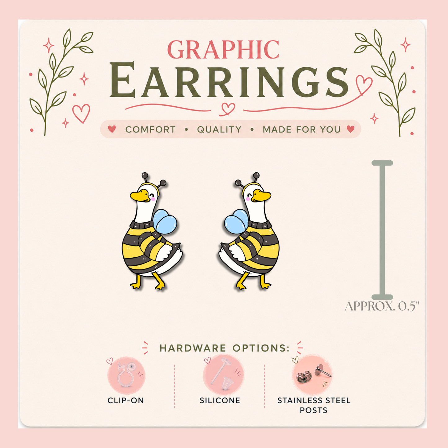 Bee Goose Stud Earrings, Bumble Bee Goose Earrings, Cute Spring Bird Studs, Resin Sealed Lightweight Nature Jewelry