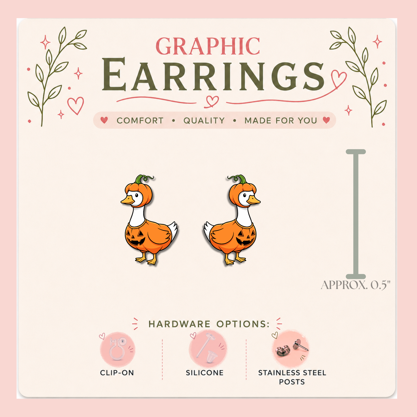 Pumpkin Goose Stud Earrings, Halloween Goose Earrings, Cute Fall Duck Bird Studs, Resin Sealed Lightweight Jewelry