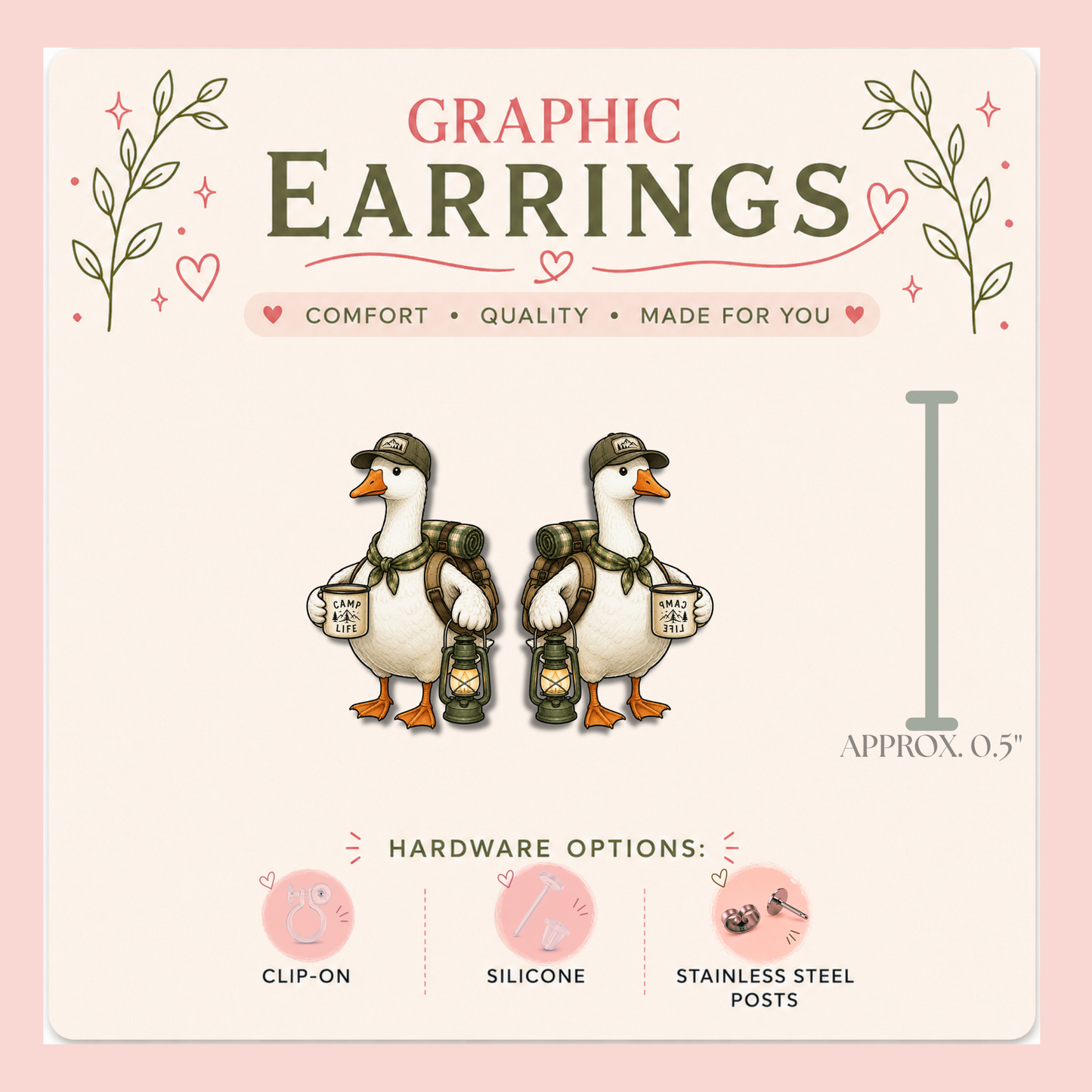 Camping Goose Stud Earrings, Goose Camper Earrings, Camp Life Bird Studs, Resin Sealed Lightweight Outdoor Jewelry