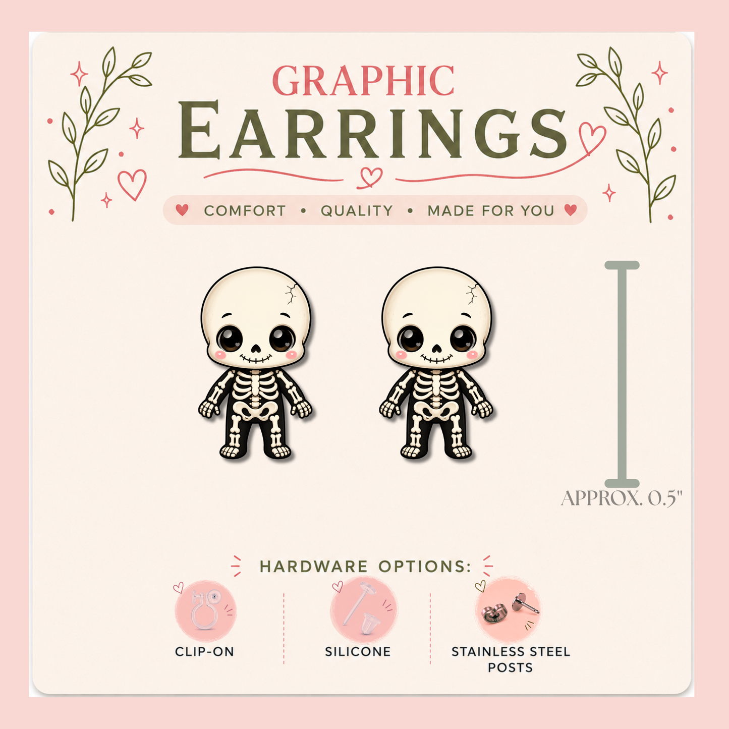 Chibi Skeleton Stud Earrings, Resin Sealed Lightweight Spooky Jewelry (Approx. 0.5")