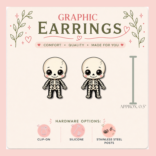 Chibi Skeleton Stud Earrings, Resin Sealed Lightweight Spooky Jewelry (Approx. 0.5")