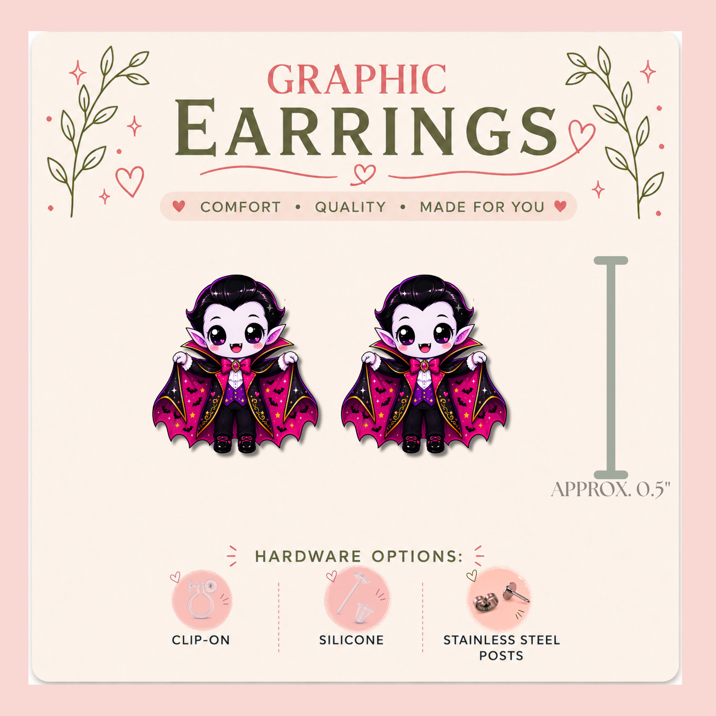 Cute Vampire Stud Earrings, Kawaii Dracula Earrings, Halloween Vampire Studs, Resin Sealed Lightweight Spooky Jewelry