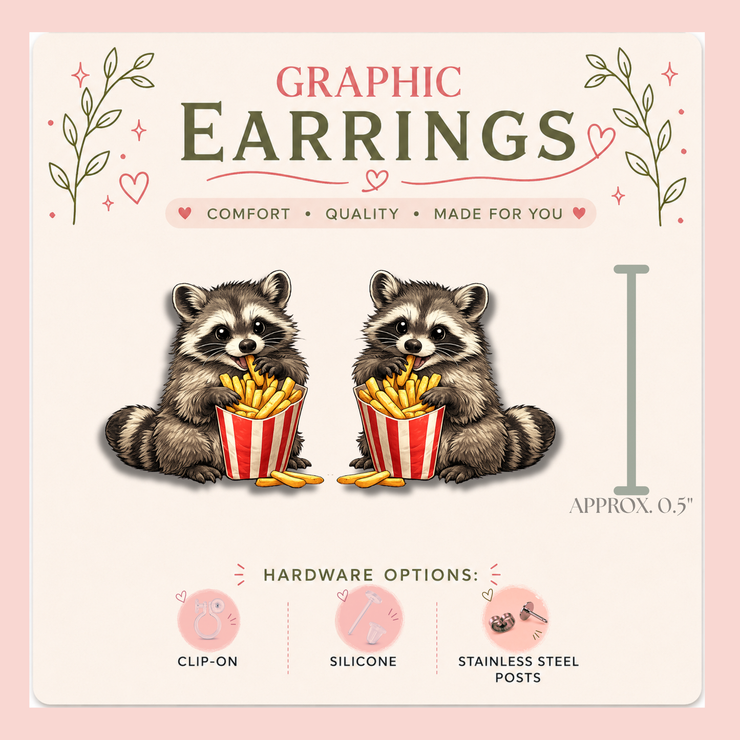 Raccoon Fries Stud Earrings, Resin Sealed Lightweight Graphic Jewelry