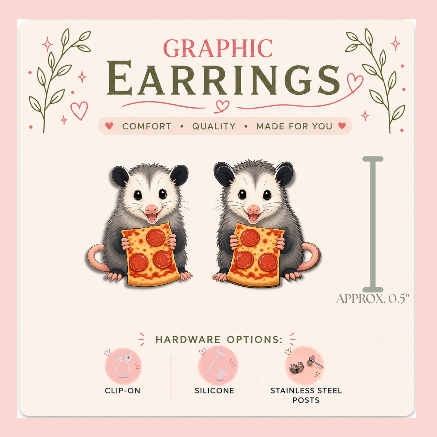 Opossum Pizza Stud Earrings, Resin Sealed Lightweight Graphic Jewelry