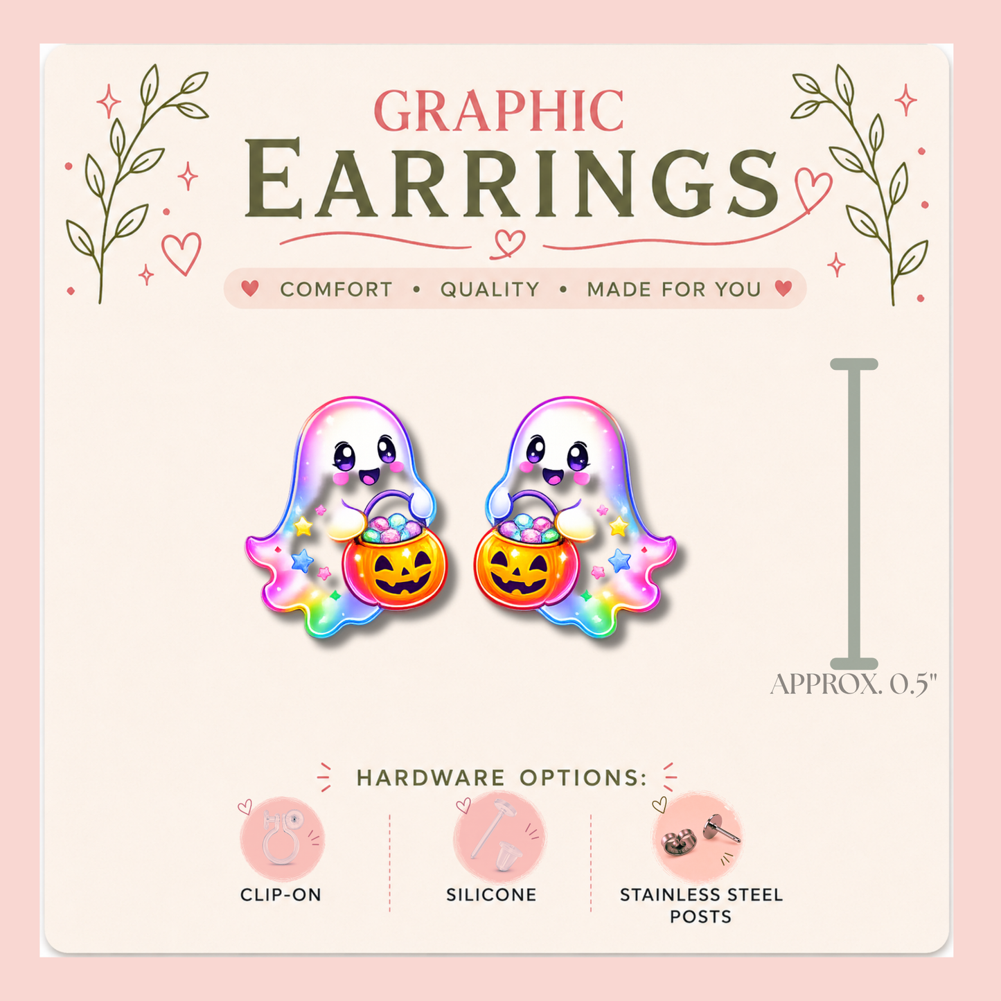 Cute Ghost Stud Earrings, Kawaii Halloween Ghost Earrings, Candy Bucket Ghost Studs, Resin Sealed Lightweight Jewelry