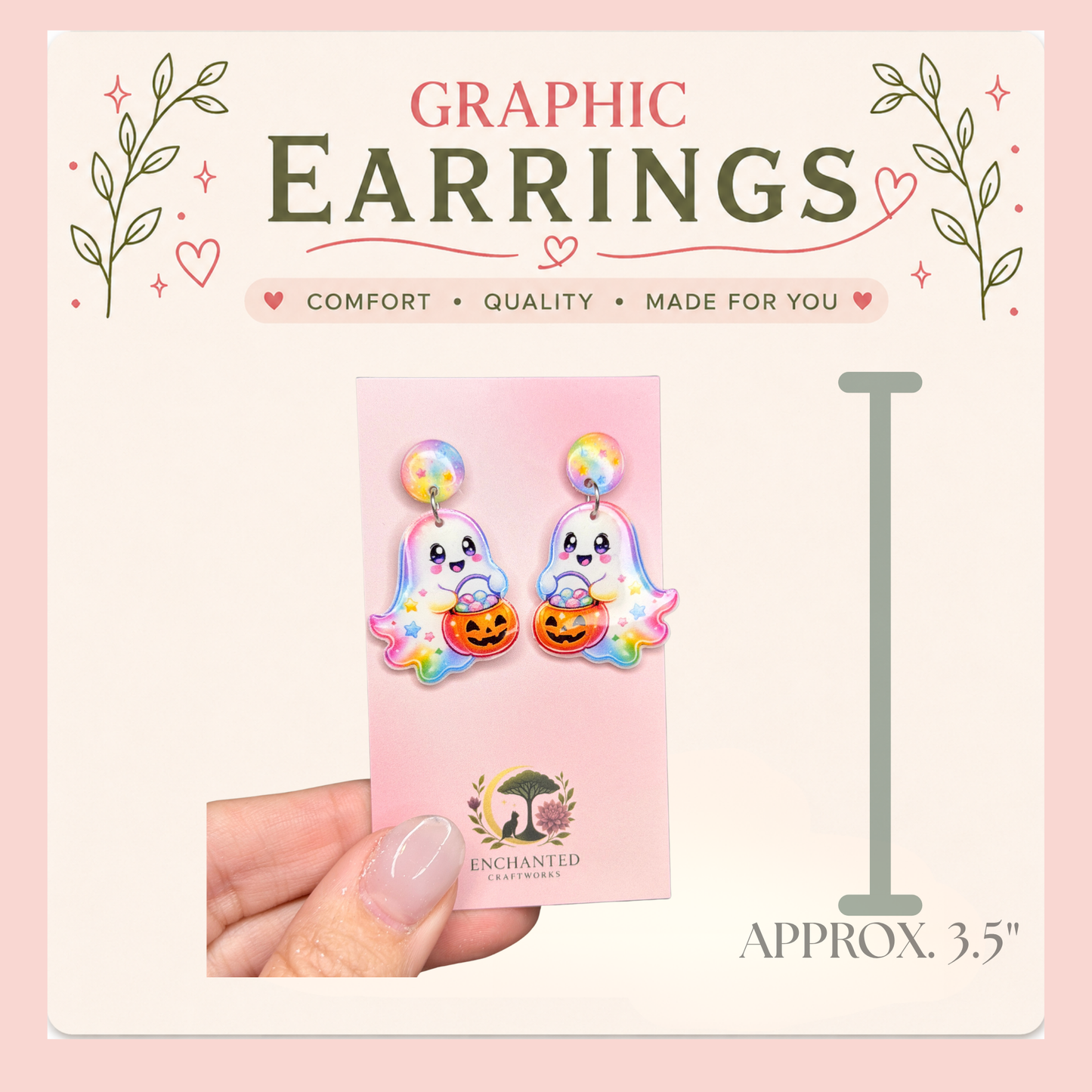 Kawaii Ghost Pumpkin Candy Bucket Earrings, Cute Halloween Graphic Dangle Earrings, Resin Sealed Lightweight Jewelry