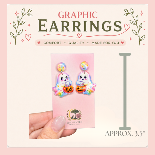 Kawaii Ghost Pumpkin Candy Bucket Earrings, Cute Halloween Graphic Dangle Earrings, Resin Sealed Lightweight Jewelry