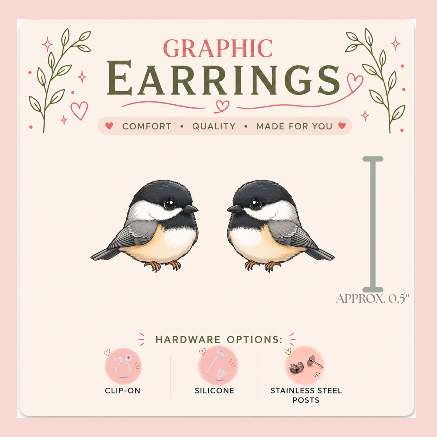 Chickadee Bird Stud Earrings, Cute Songbird Graphic Studs, Lightweight Resin Sealed Nature Jewelry