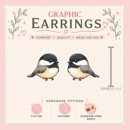 Chickadee Bird Stud Earrings, Cute Songbird Graphic Studs, Lightweight Resin Sealed Nature Jewelry