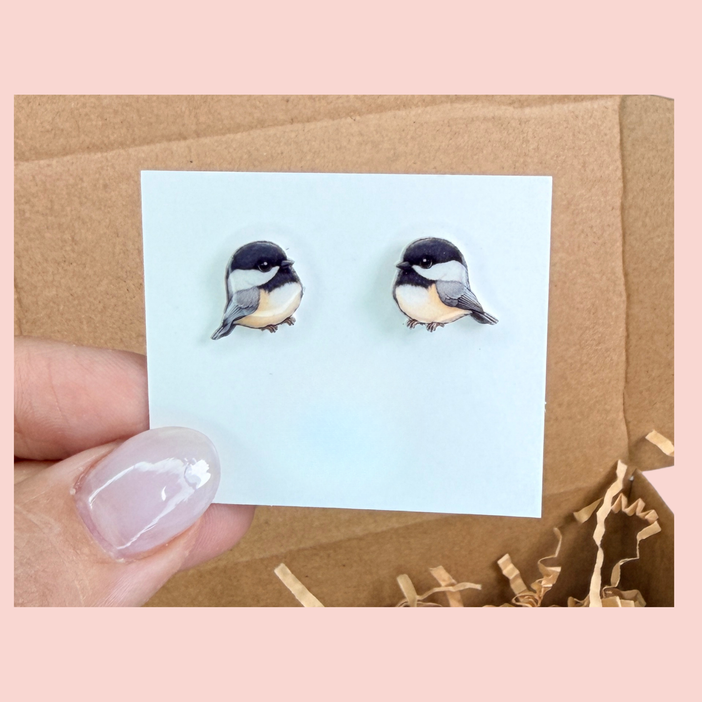 Chickadee Bird Stud Earrings, Cute Songbird Graphic Studs, Lightweight Resin Sealed Nature Jewelry