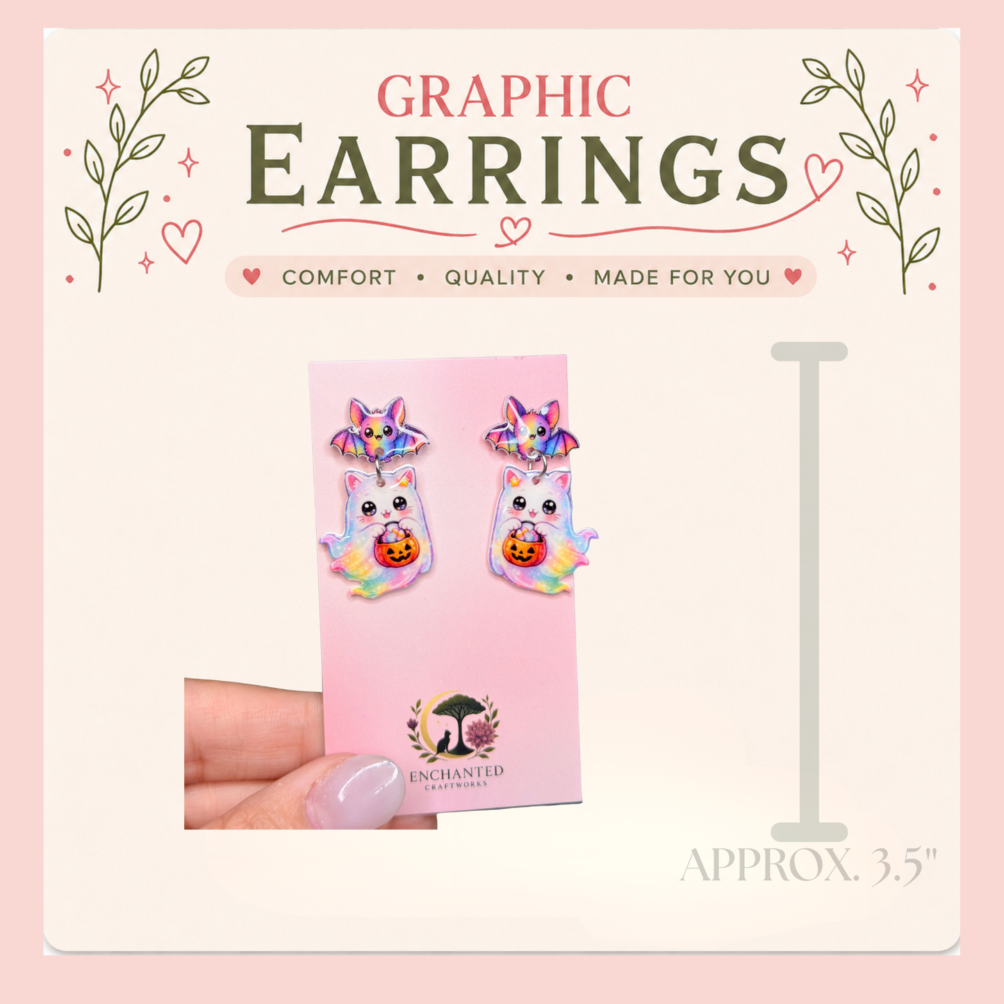 Ghost Cat Halloween Dangle Earrings, Pastel Rainbow Kawaii Bat Studs, Cute Resin Sealed Lightweight Spooky Jewelry