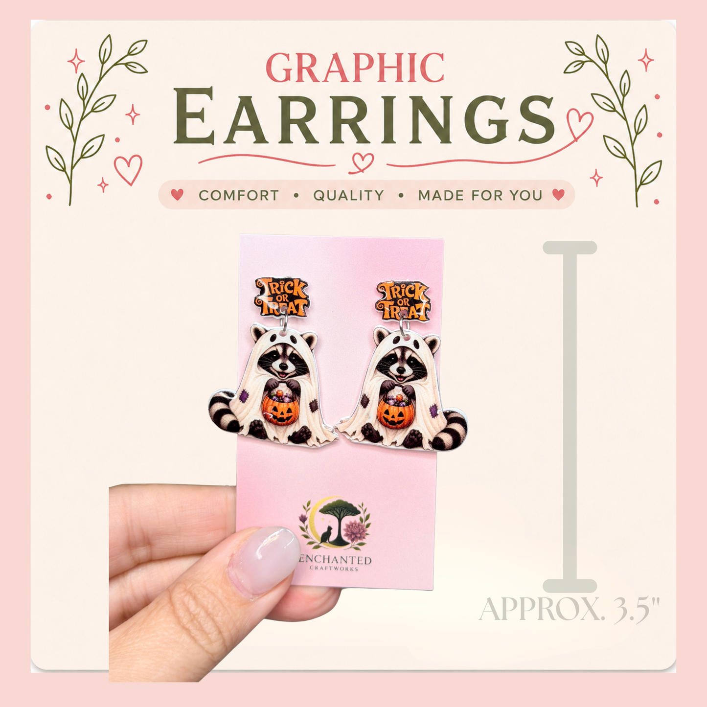 Ghost Raccoon Halloween Dangle Earrings, Trick or Treat Raccoon Jewelry, Cute Spooky Resin Sealed Lightweight Earrings